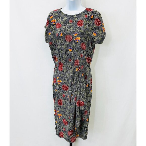 Vintage Liz Claiborne Silk Sheath Dress Size 4 Floral Print Black Red Midi - Picture 1 of 14